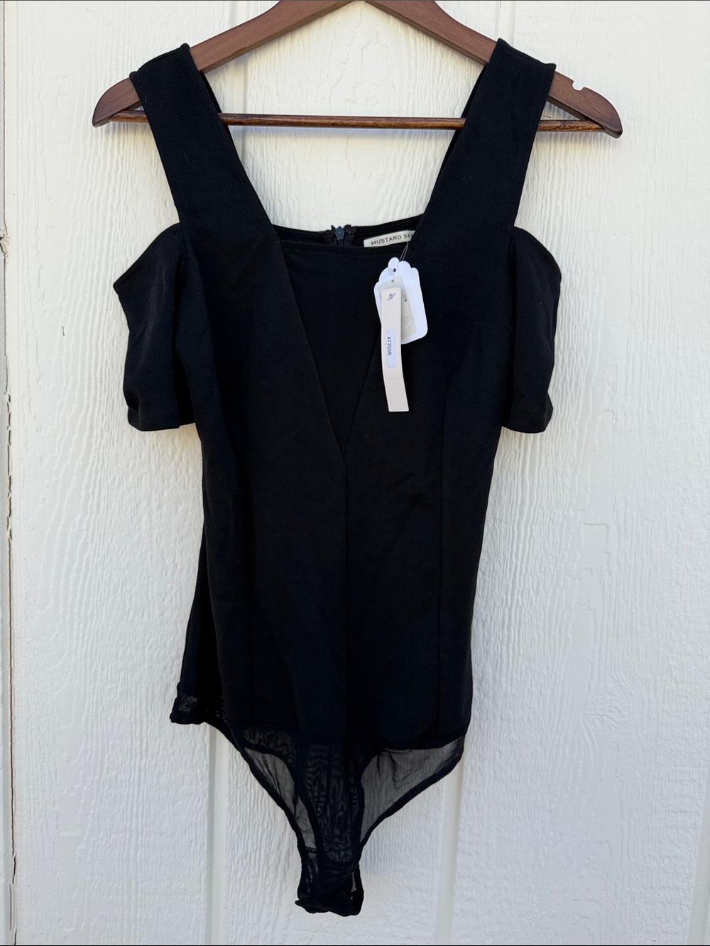 Mustard Seed Size M Black Off-Shoulder Cut Out Bodysuit Mesh Insert Zip Back